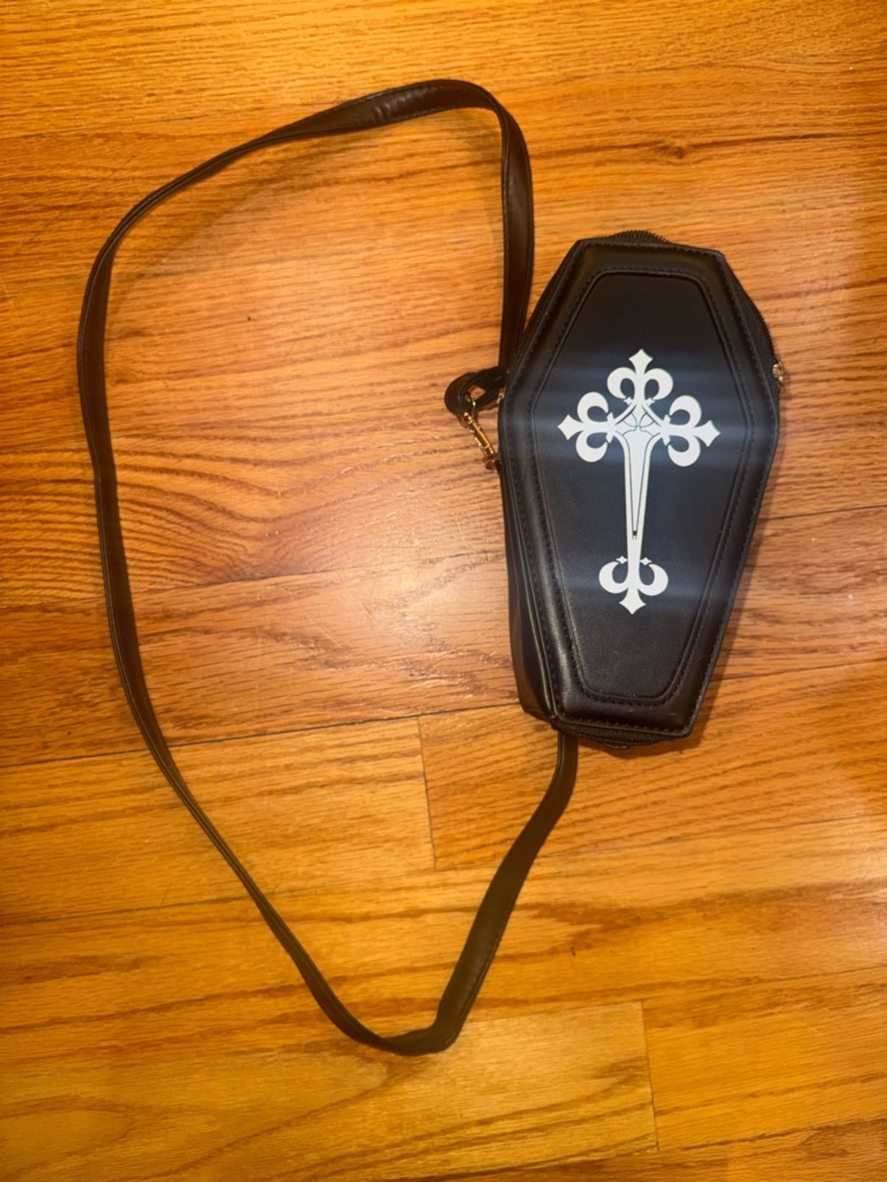 Black Coffin Crossbody Bag with White Cross Graphic